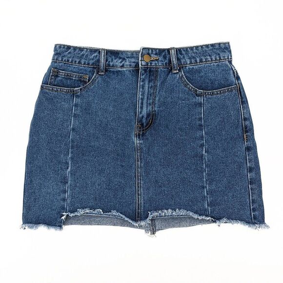 Forever 21 Women's Fringe Hem Blue Denim Jean Mini Skirt Size Large - Picture 1 of 5